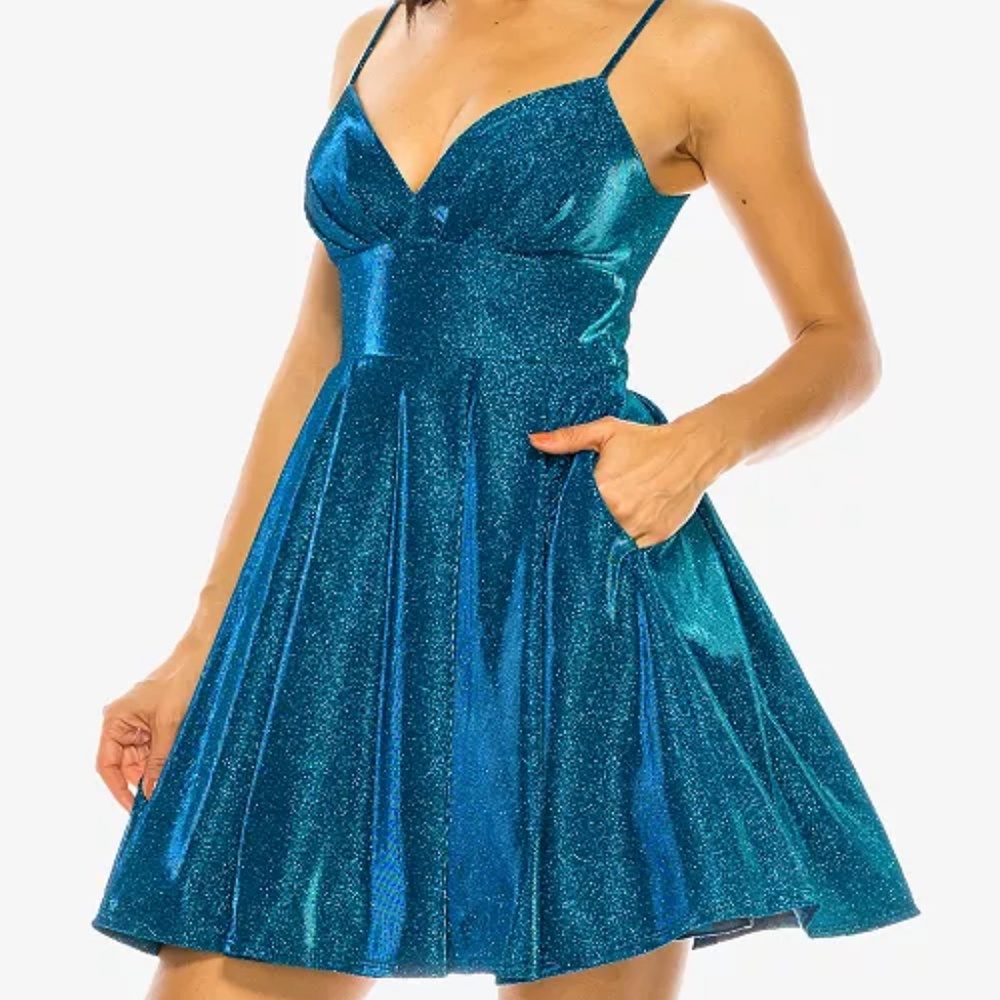 B Darlin Juniors' Glitter-Knit Skater Party Dress👗 size 9/10 US glitter blue